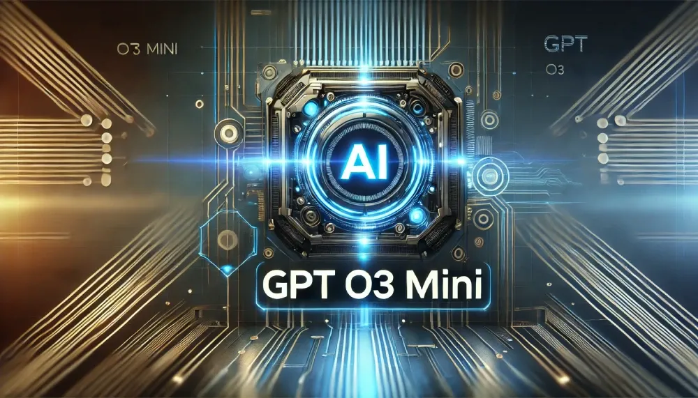 Ilustración futurista de GPT o3 Mini, destacando su diseño de inteligencia artificial avanzada con un fondo tecnológico y un brillo azul neon, representando velocidad y eficiencia.
