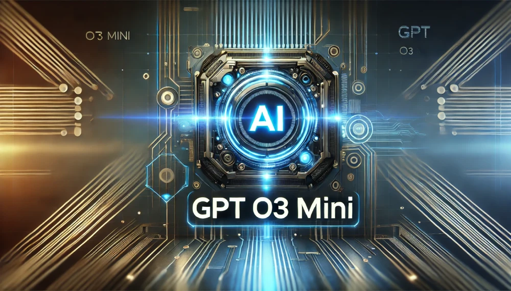 Ilustración futurista de GPT o3 Mini, destacando su diseño de inteligencia artificial avanzada con un fondo tecnológico y un brillo azul neon, representando velocidad y eficiencia.